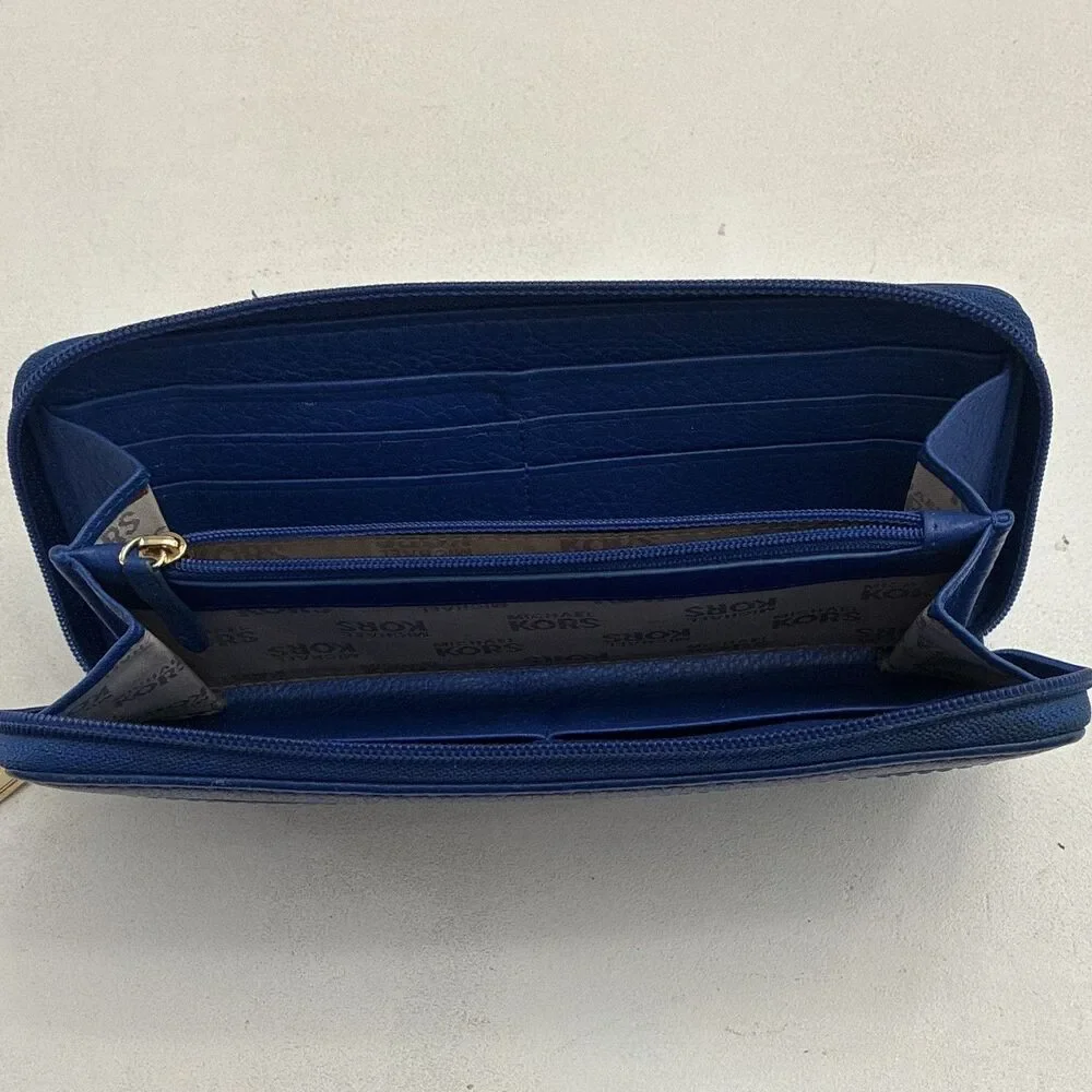 Michael Kors Women’s Blue Zip-Around Wallet with Logo Accents, Credit Card